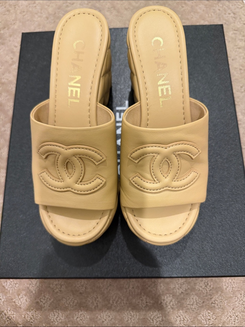 CHANEL Beige Leather CC Logo Slide Mules - Picture 6 of 6